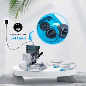 Pool Stomach 55 cordless vacuum charging setup with compatible pole and charger