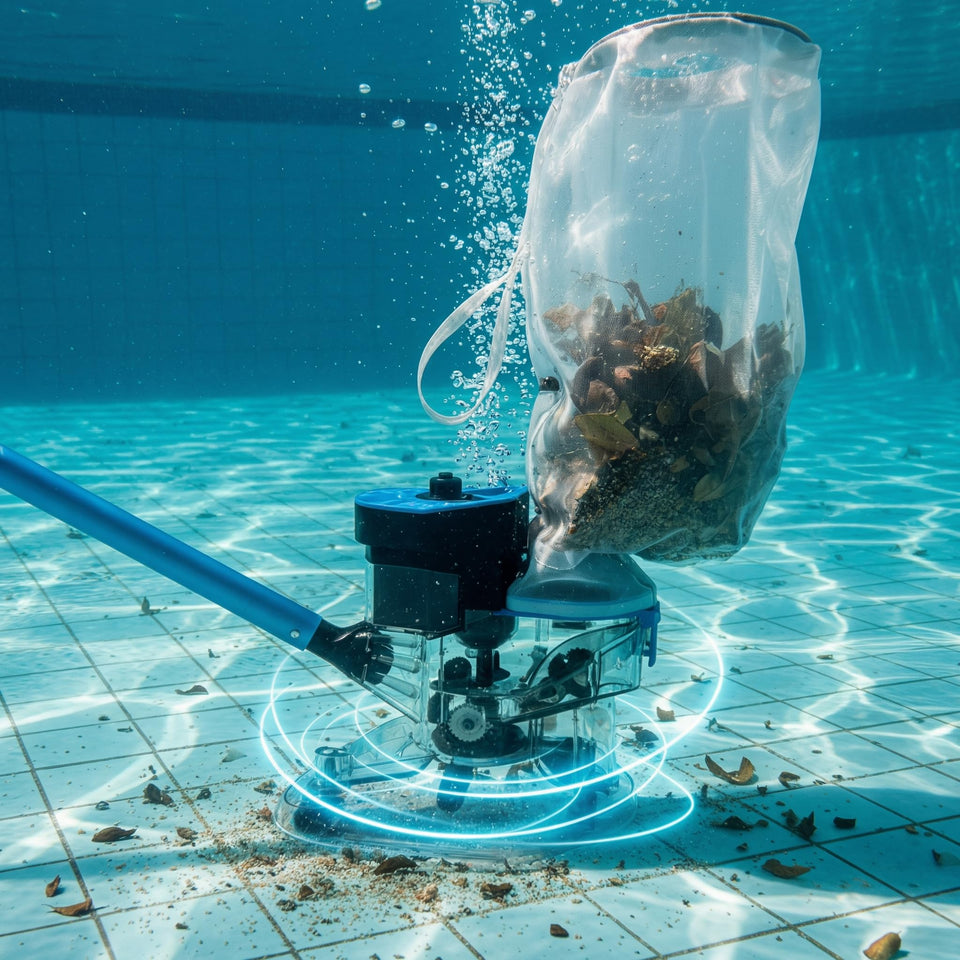 Pool Stomach 55 cordless vacuum removing leaves from an inground pool for efficient cleaning