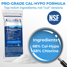 PoolAcc 68% Cal-Hypo formula label highlights strong sanitizing power.
