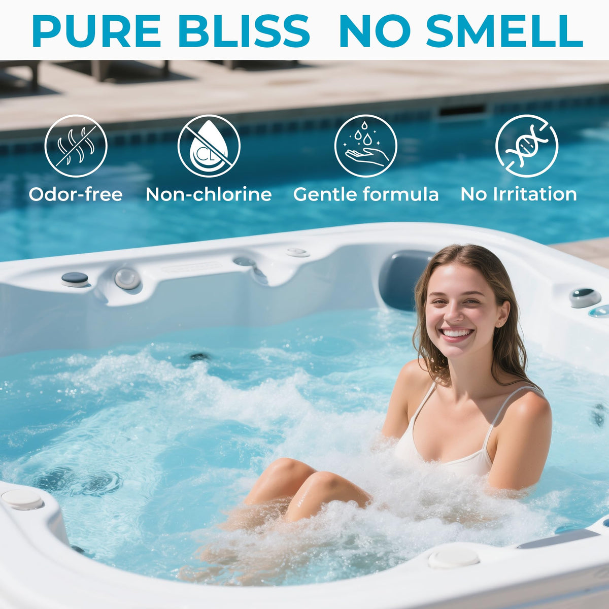 POOLACC chlorine-free spa care protects skin and fabrics while treating contaminants.
