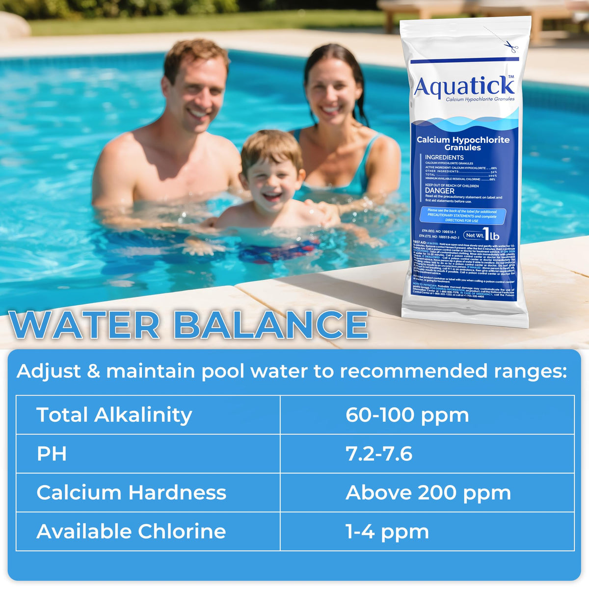 Poolacc dosage guide showing one bag per 10,000 gallons.