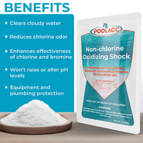 POOLACC rapid-dissolve spa oxidizer pours cleanly for fast water refreshment after heavy spa use.