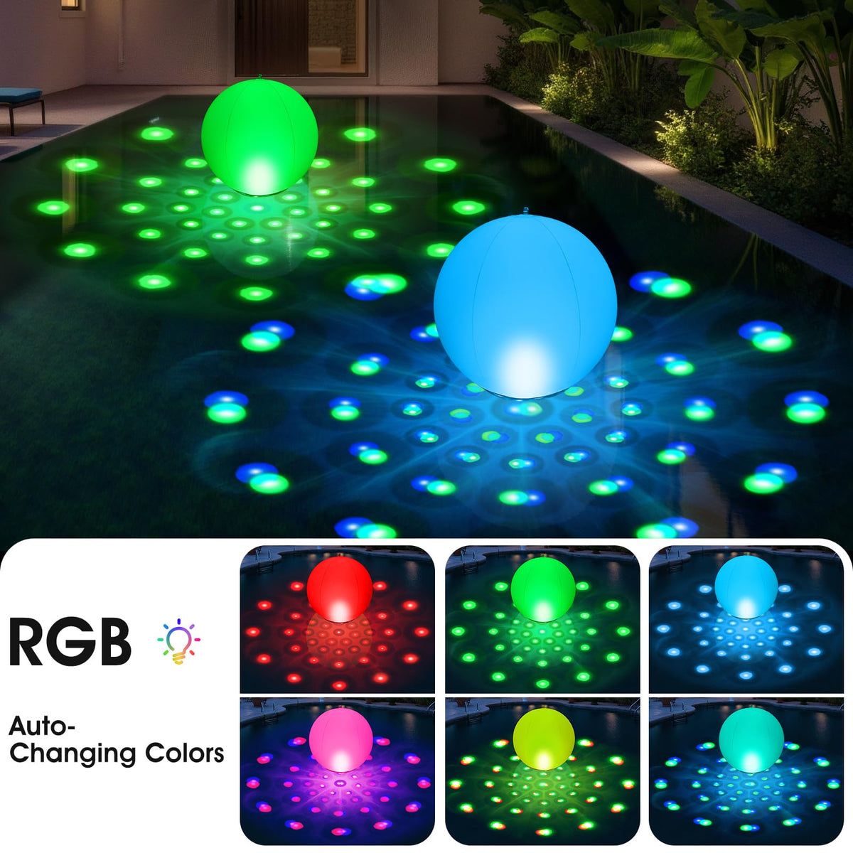 PoolBliss color changing LED glow ball enhances mood lighting for pool parties.