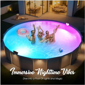 PoolBliss color-cycle lighting enhances evening gatherings around pools.
