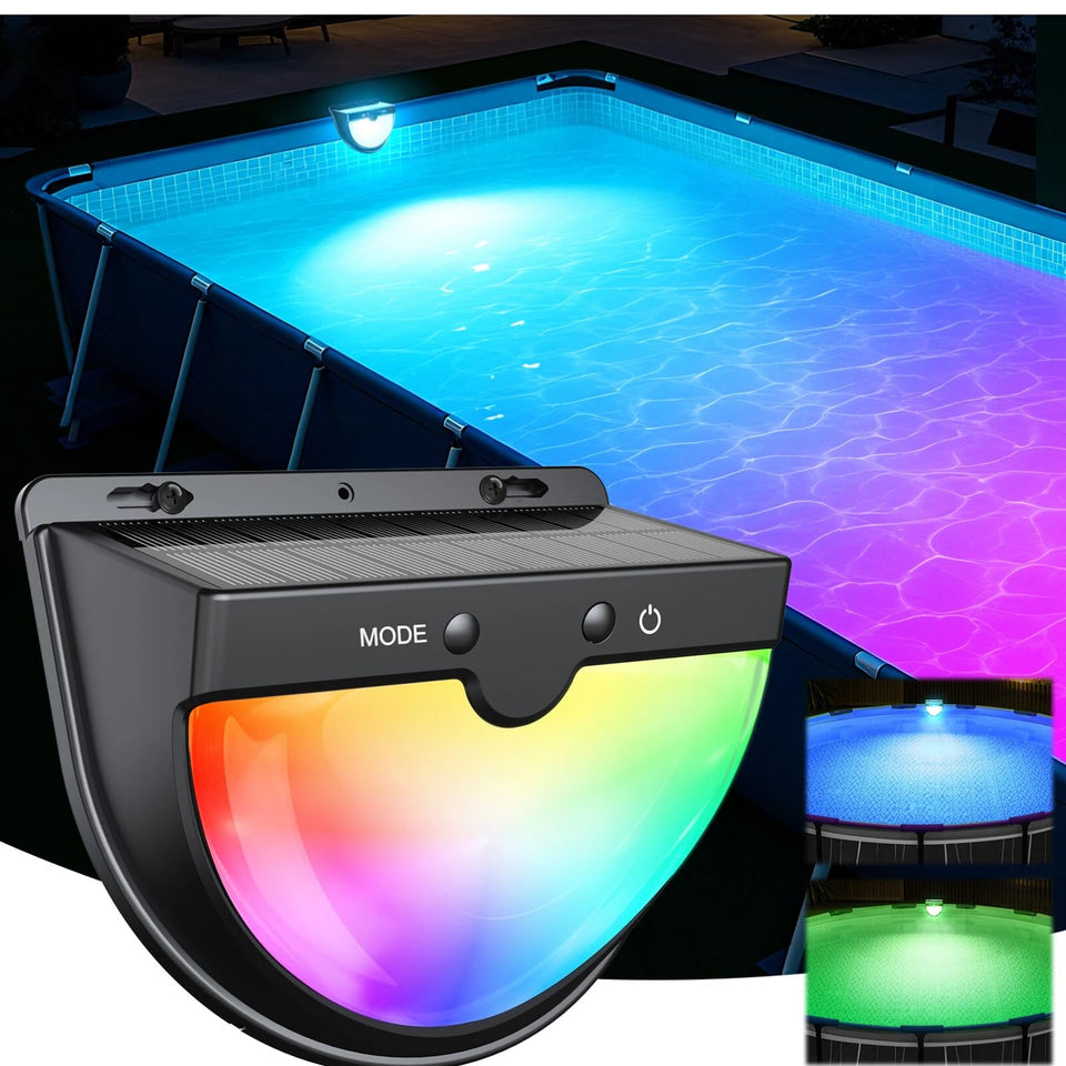 PoolBliss solar pool light showing 10 modes to illuminate above-ground pools