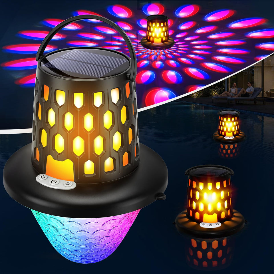 PoolBliss solar pool light flame floating demonstrates flame effect for parties.