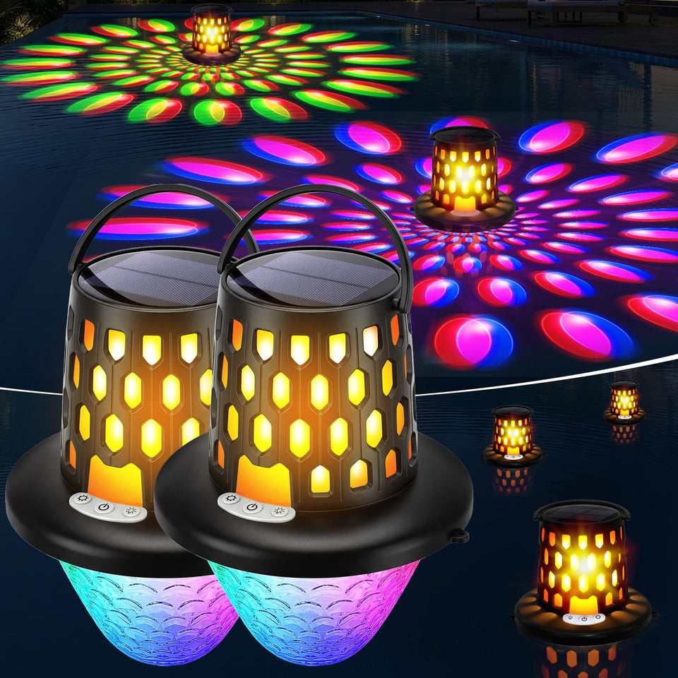 PoolBliss solar pool light with flame-floating design for ambient glow during night swims.