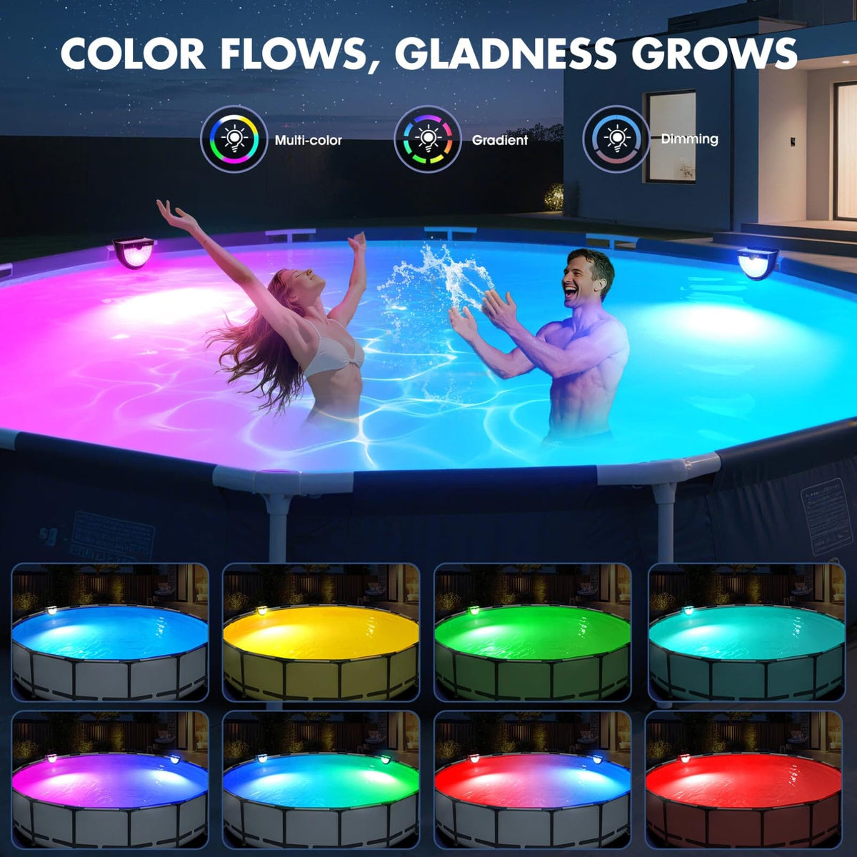 PoolBliss solar pool light in use over above-ground pool for colorful ambiance.