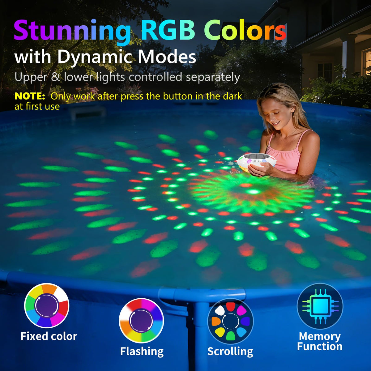 Pooldecor color-changing LED lights for pools offer dynamic modes for ambiance.