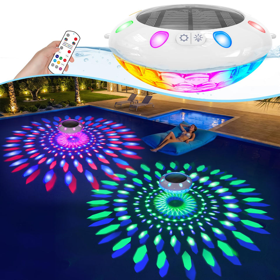 Pooldecor floating pool light with remote control illuminating poolside evenings