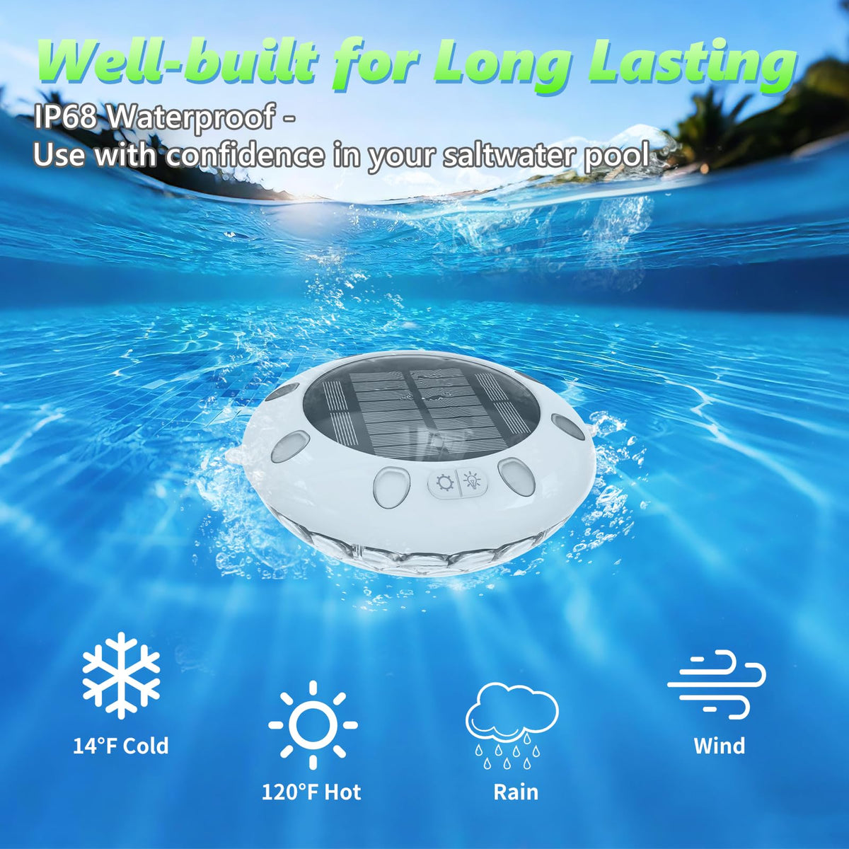 Pooldecor IP68 waterproof floating light withstands splashes and rain during pool parties.