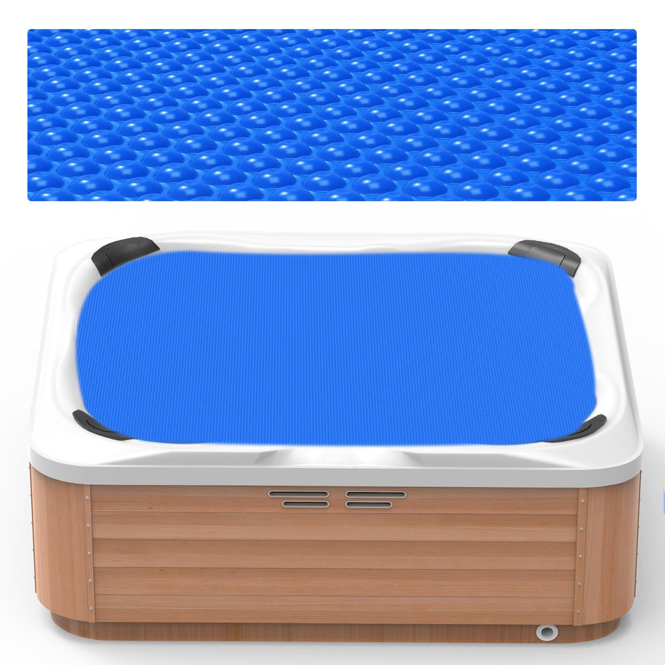 Poolergetic spa cover 6x6ft thermal blanket protects water and reduces heat loss.