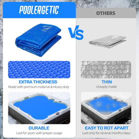 Poolergetic spa cover debris-protection keeps spa cleaner during use.