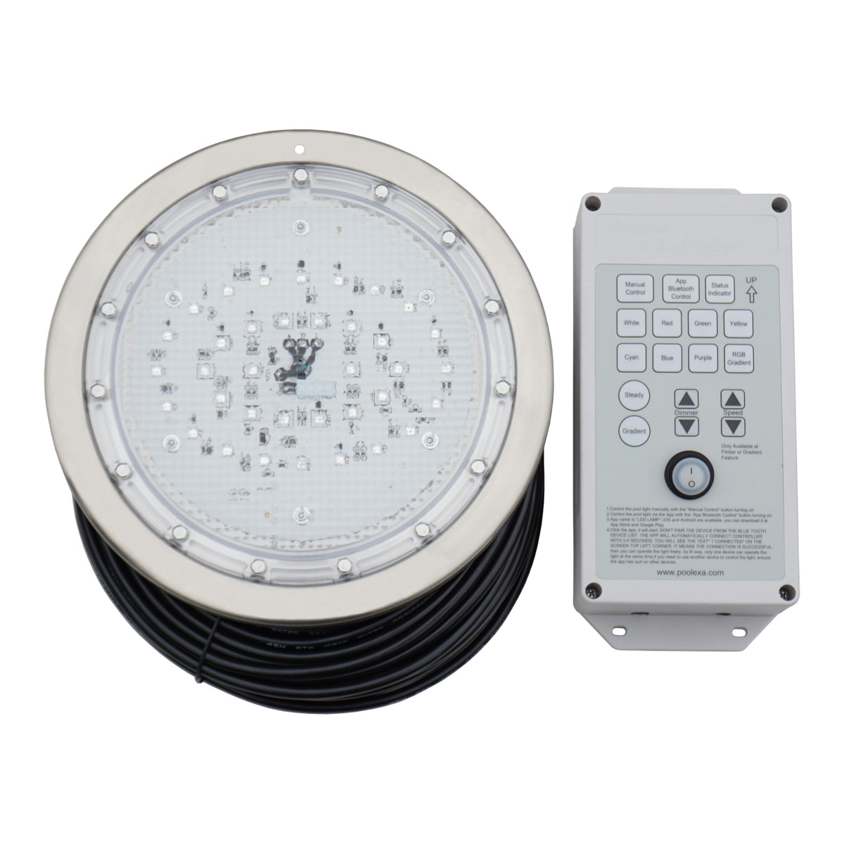 Poolexa 10-inch multicolor LED pool light in stainless steel for vibrant underwater ambiance.