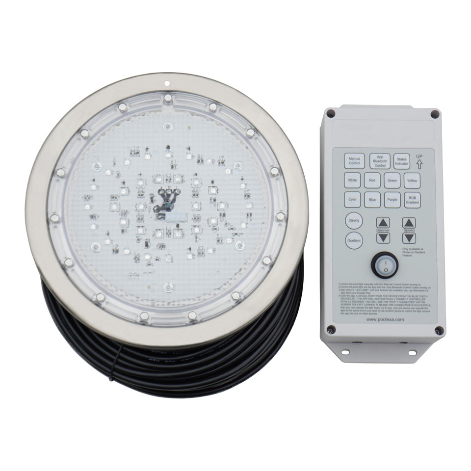 Poolexa 10-inch multicolor LED pool light in stainless steel for vibrant underwater ambiance.