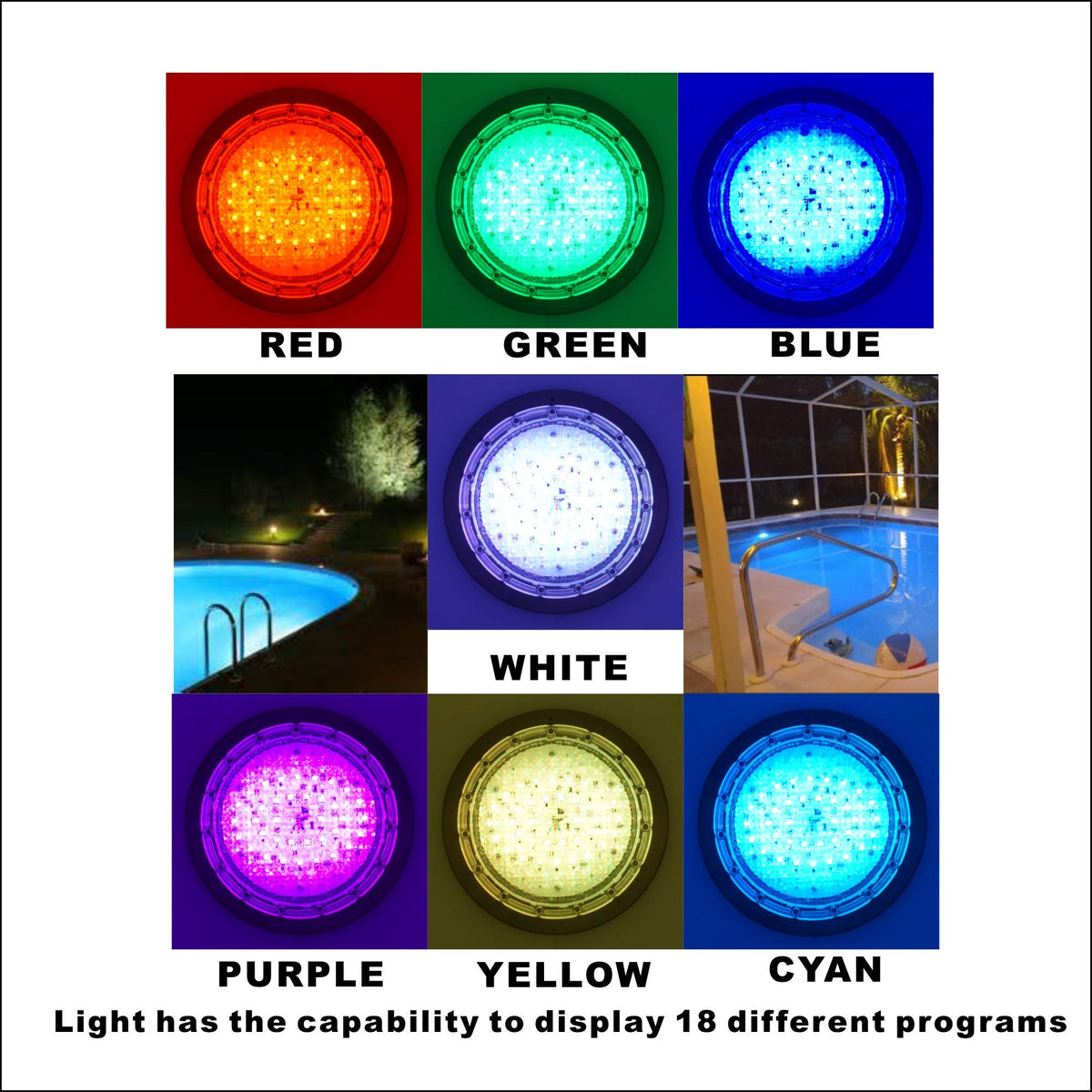 Poolexa Bluetooth-controlled pool light for iOS and Android with adjustable colors.