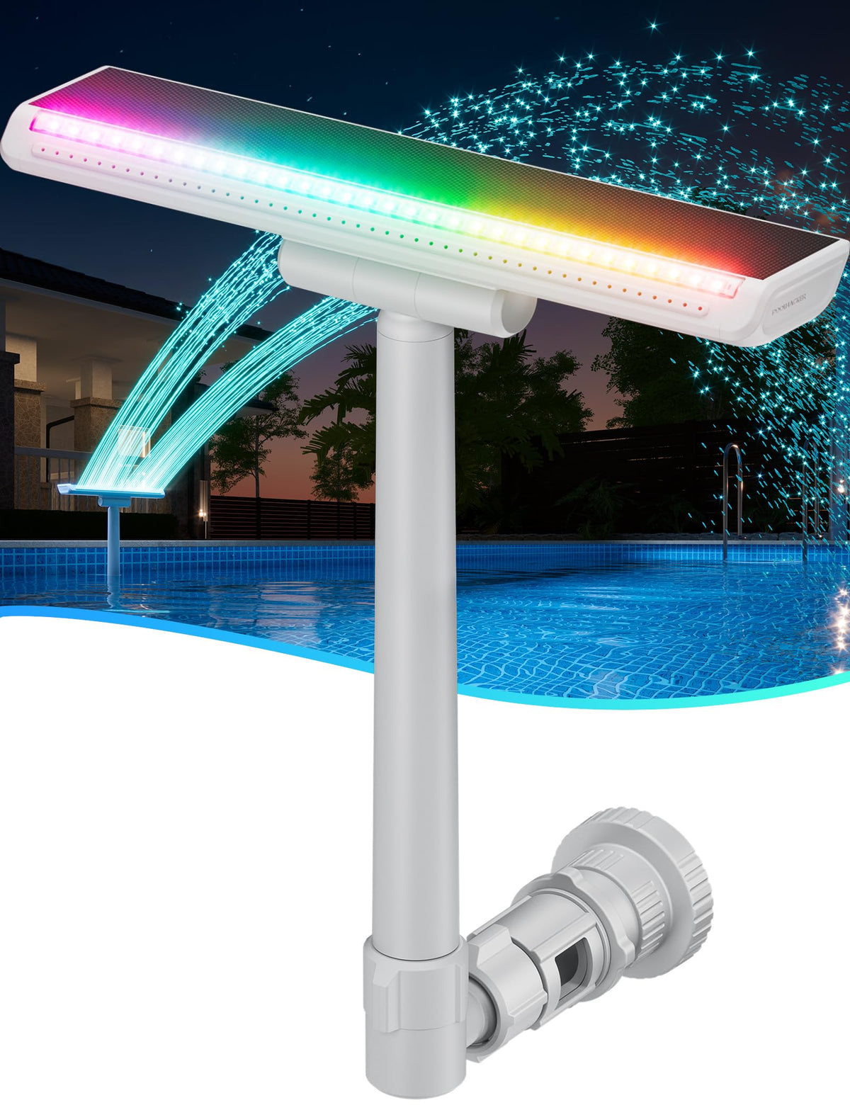 PoolHacker pool fountain with LED lights illuminates evening swims in vibrant color.