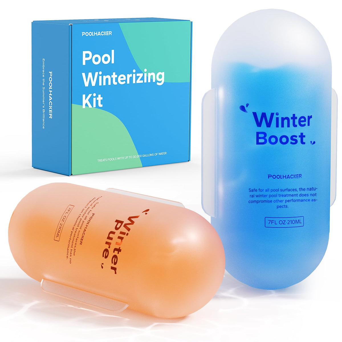 PoolHacker Winter Kit balls in pool maintaining clear blue water for next season