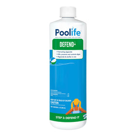 Poolife Defend-plus bottle closeup label; built-in clarifier promotes faster water clarity.