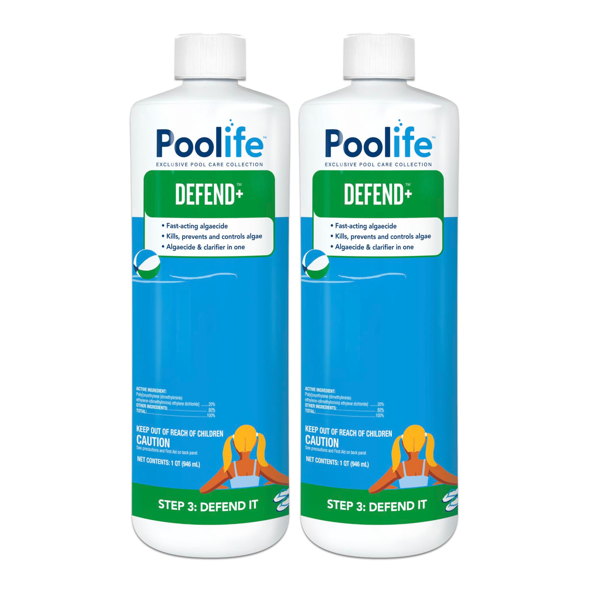Poolife Defend-plus bottle front; dual-action algaecide for clear, swim-ready water.