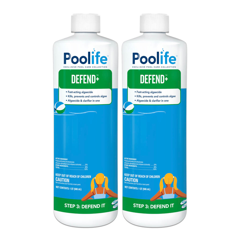 Poolife Defend-plus bottle front; dual-action algaecide for clear, swim-ready water.