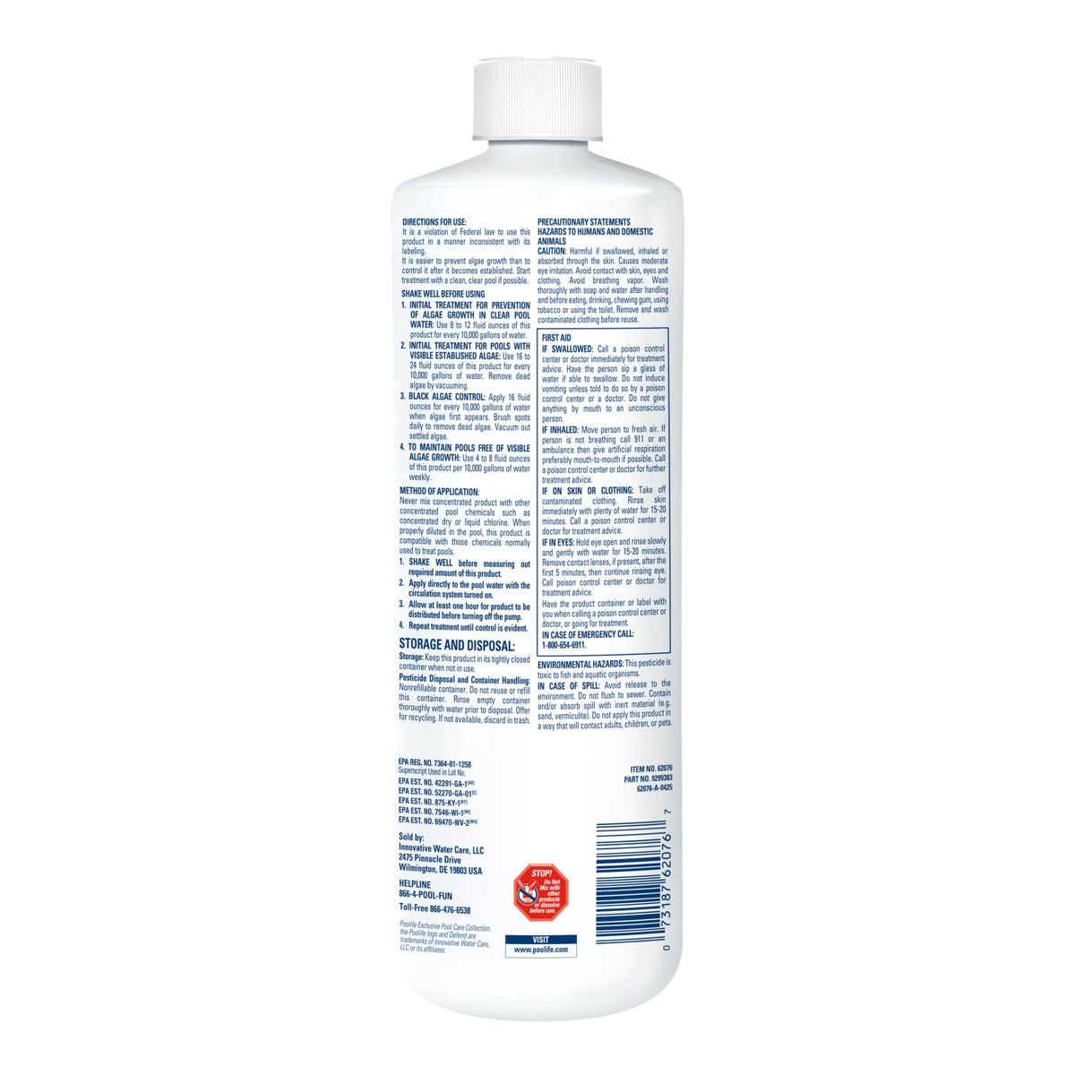 Poolife Defend-plus clarifier visual; demonstrates fast-acting control of algae.