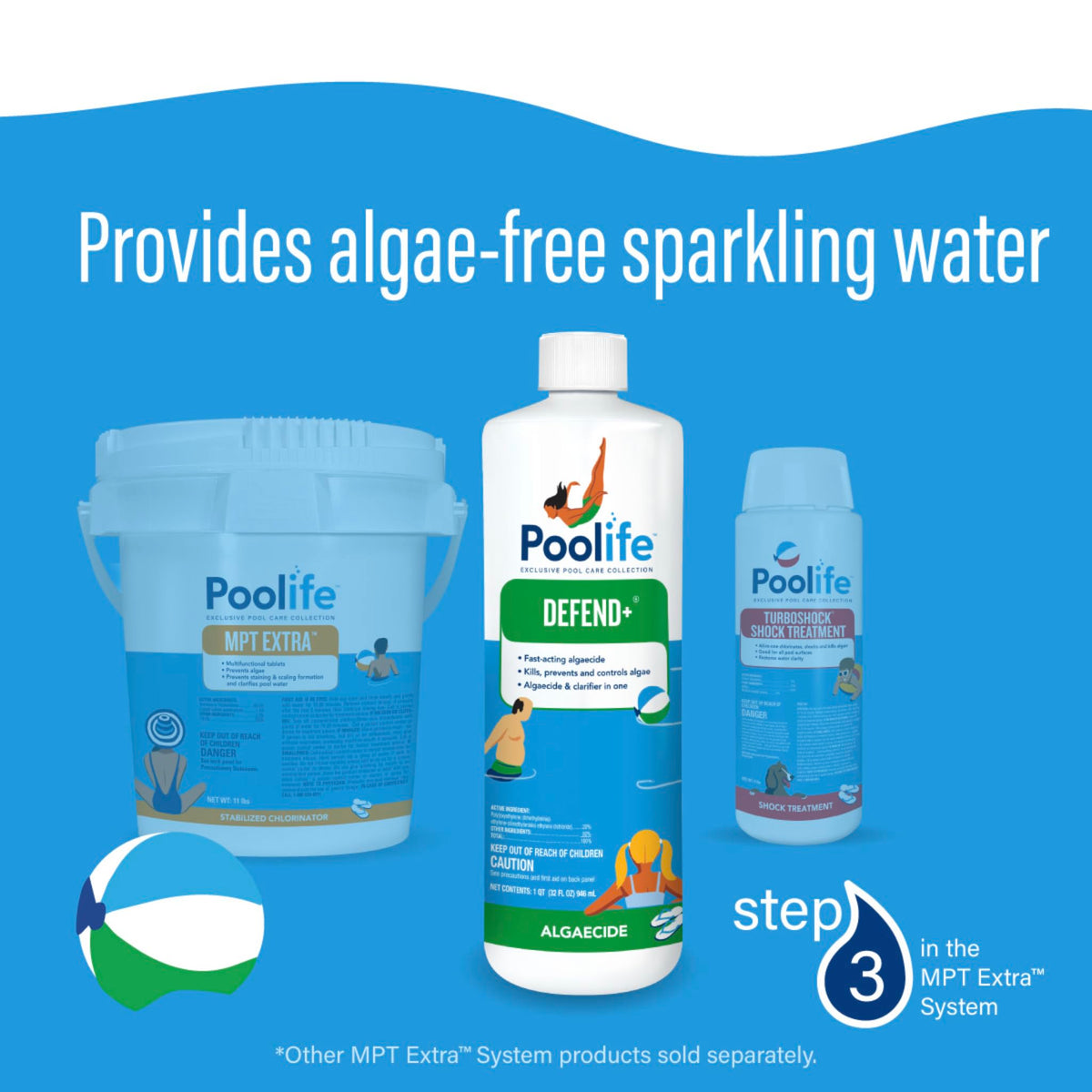 Poolife Defend-plus pool water scene; non-foaming formula for bubbles-free maintenance.