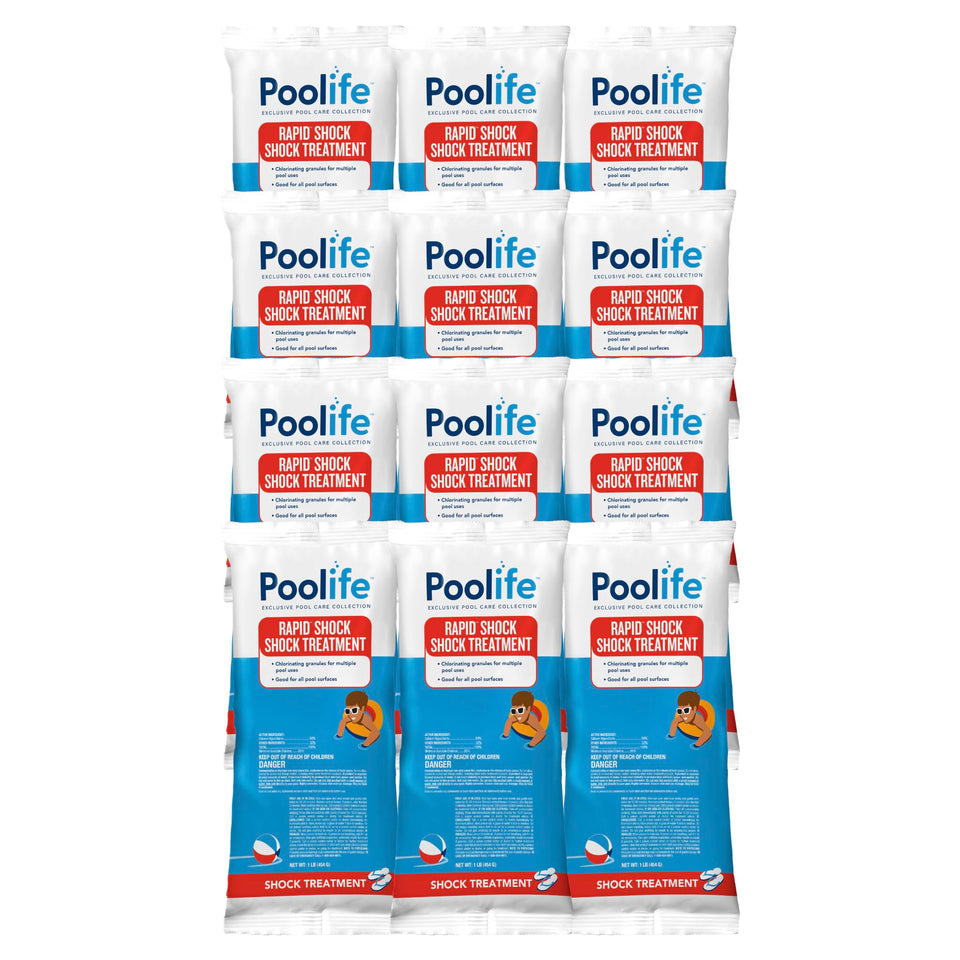 Poolife Rapid Shock packaging on shelf for easy, pre-measured dosing.