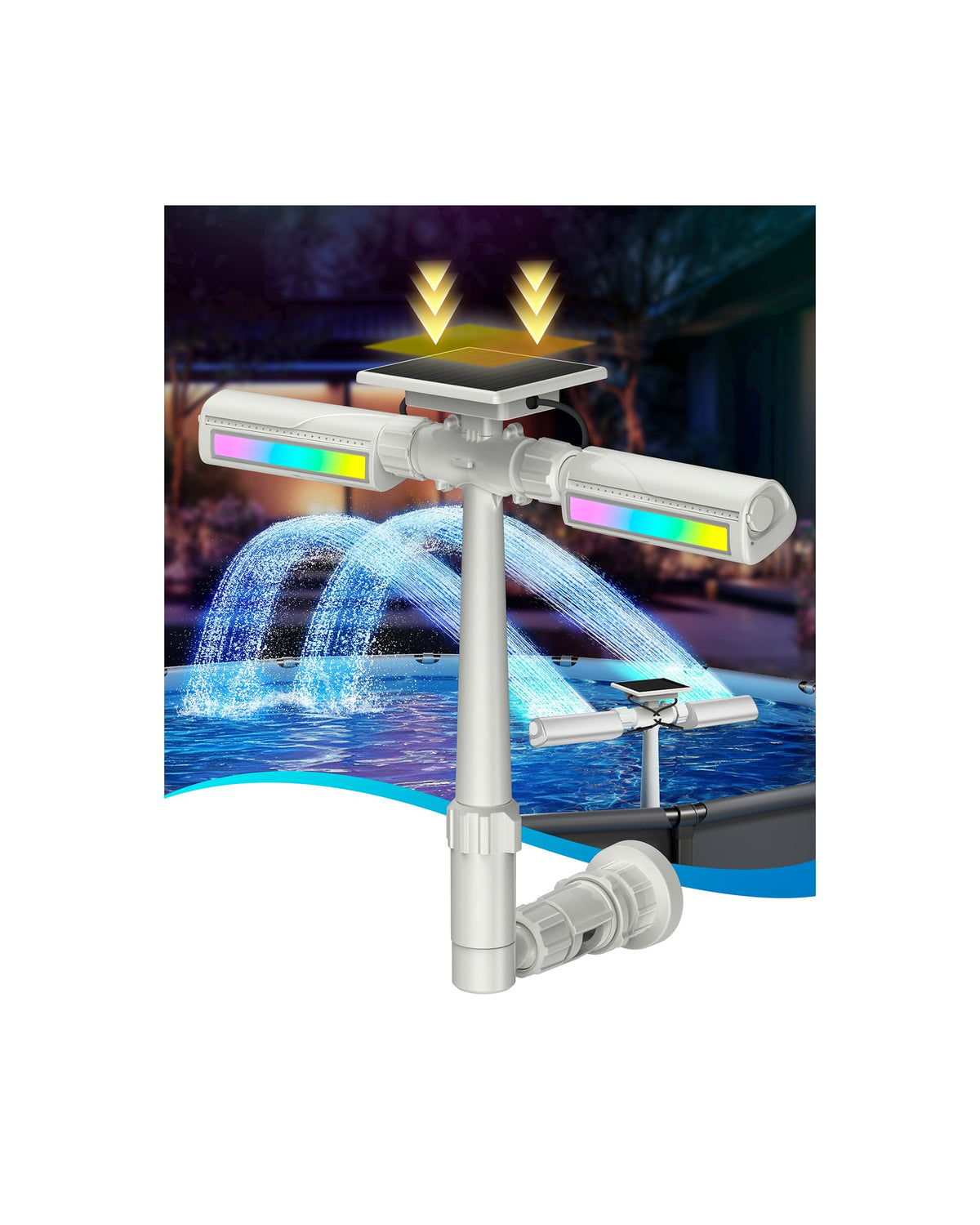POOLJOYO solar pool fountain with LED lights display at dusk for ambience