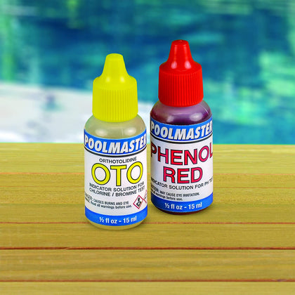 Poolmaster 23225 OTO and Phenol Red indicator bottles for chlorine and pH testing.