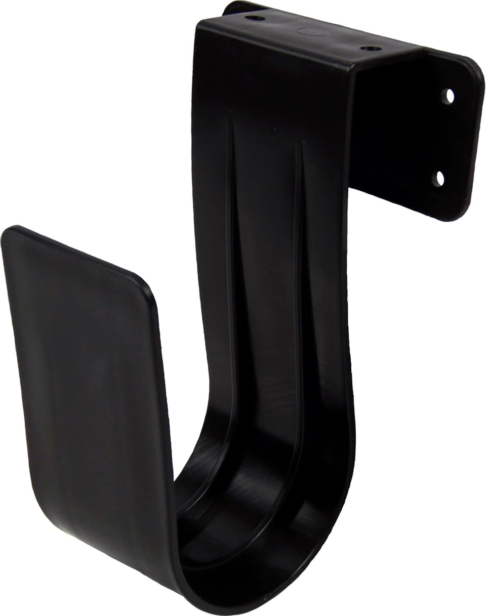 Poolmaster 35610 Jumbo Hose Hanger mounted over a wooden fence for tidy hose storage.