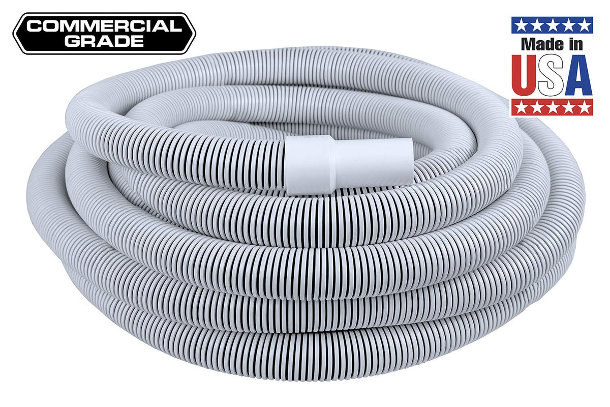 Poolmaster heavy-duty spiral-wound hose resists crushing and UV exposure for lasting pool cleaning.