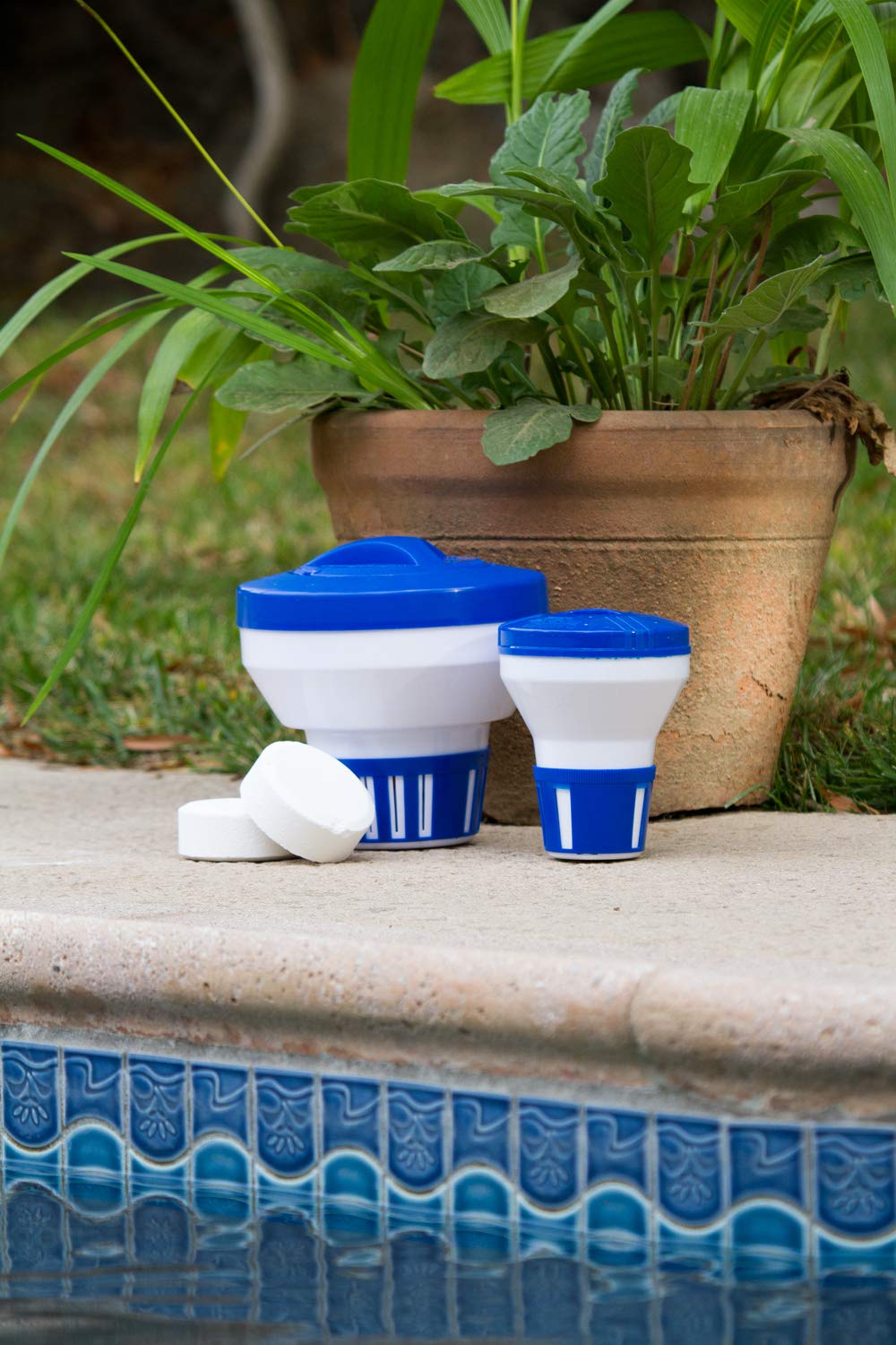 Poolmaster dispenser supports standard 1-3/4-inch tablets for flexible sanitization.