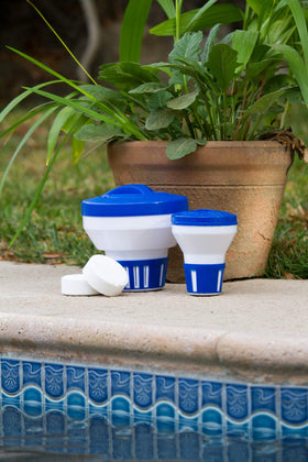 Poolmaster dispenser supports standard 1-3/4-inch tablets for flexible sanitization.