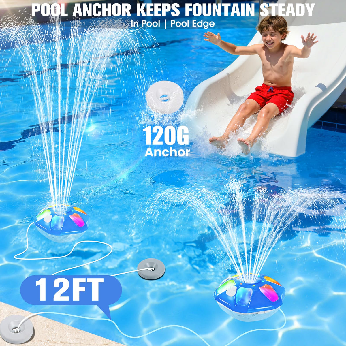 Weighted anchor keeps PoolPop fountain stable and centered.