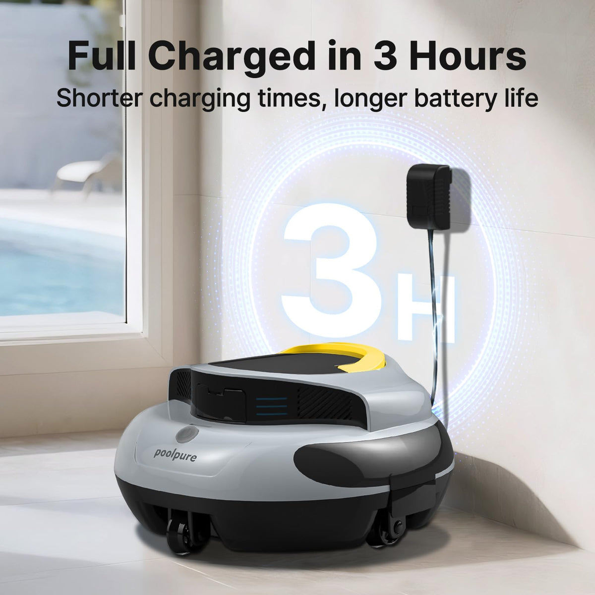 PoolPure Aquaguard SE II cordless cleaner in use, cleaning without hoses.