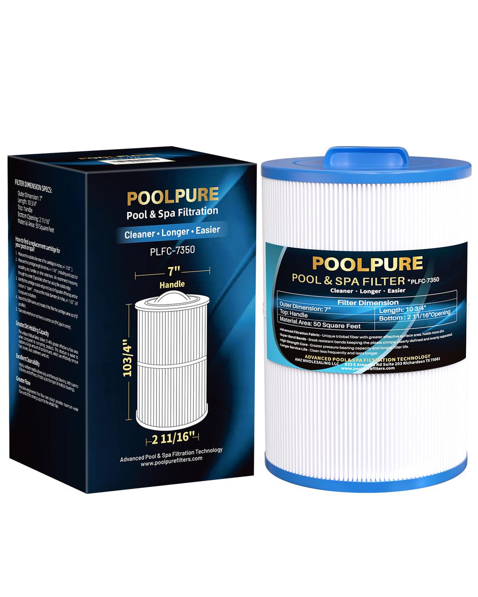 POOLPURE C-7350 spa filter assembly demonstrates Caldera compatibility and debris capture.