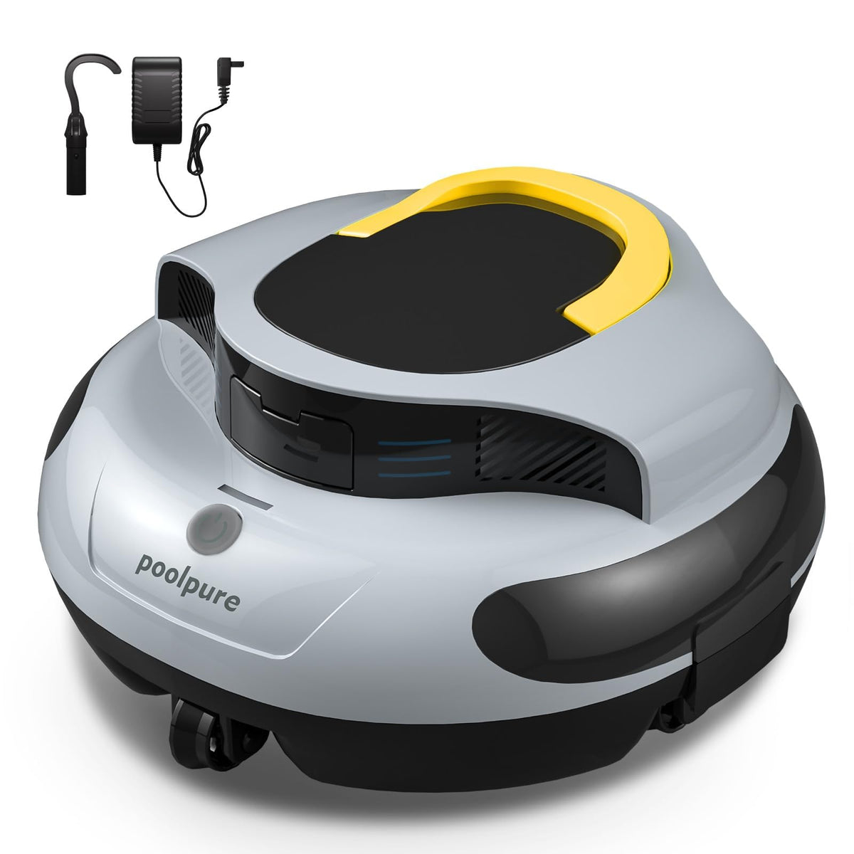 POOLPURE front view in yellow-gray, compact pool cleaner for quick upkeep.