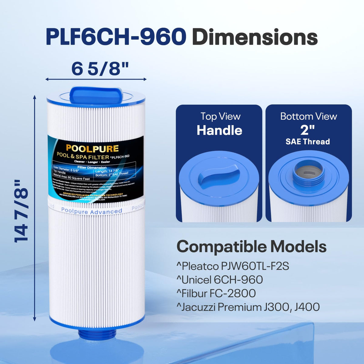 POOLPURE PLF6CH-960 dirt-locking technology shown for easier rinsing
