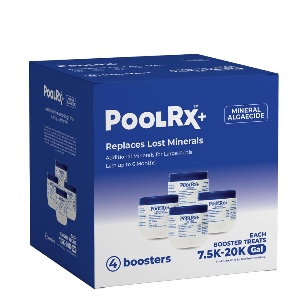 PoolRx 4-pack blue bottle boosts algaecide performance for all pool types.