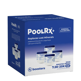 PoolRx 4-pack blue bottle boosts algaecide performance for all pool types.