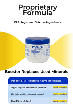 PoolRx booster blue algaecide pack emphasizes mineral-enhanced formula for algae control.