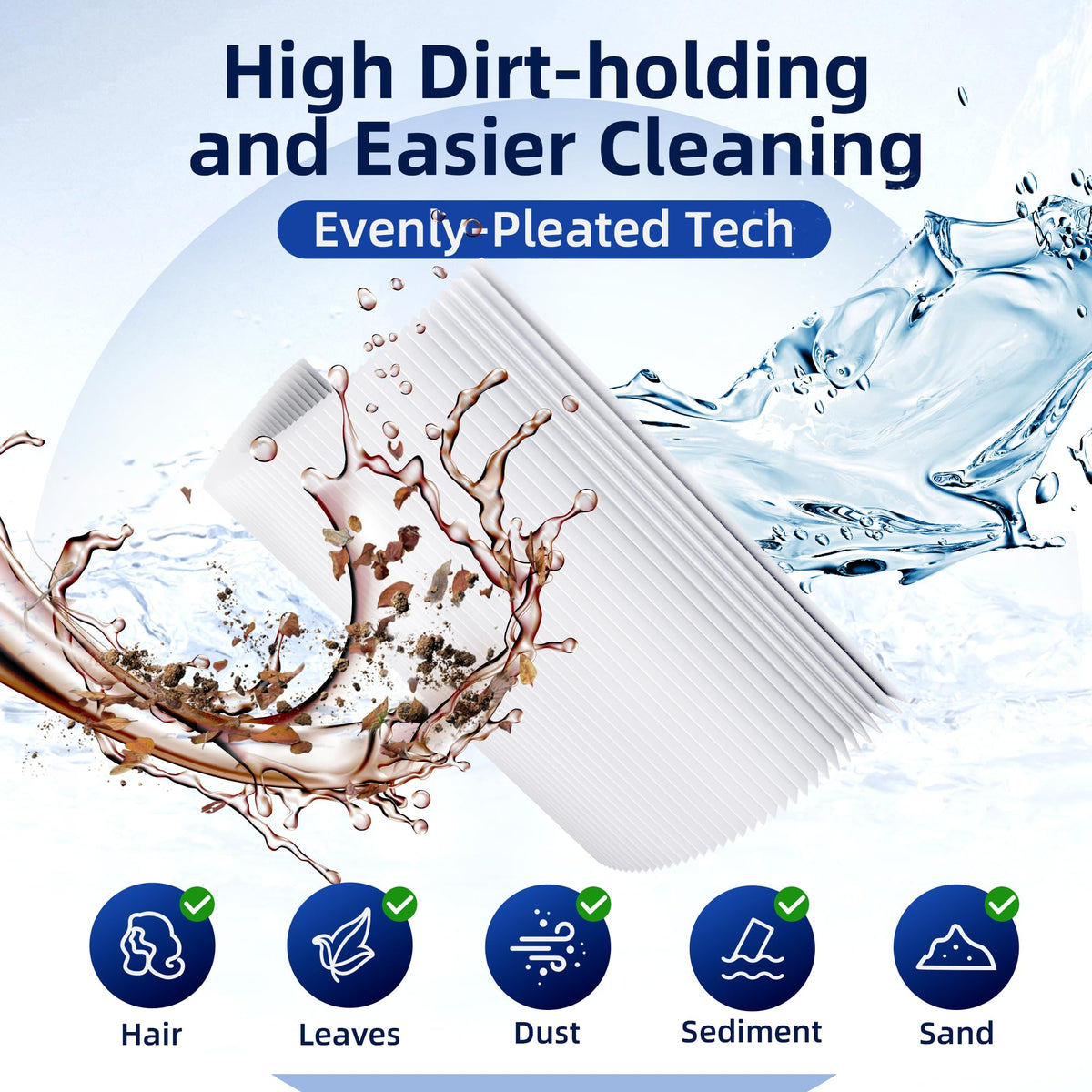 POOLVEFECT PF-07077 deep-fold filtration traps dirt effectively