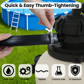 Poolvio hose showing weather and chemical resistance in harsh environment