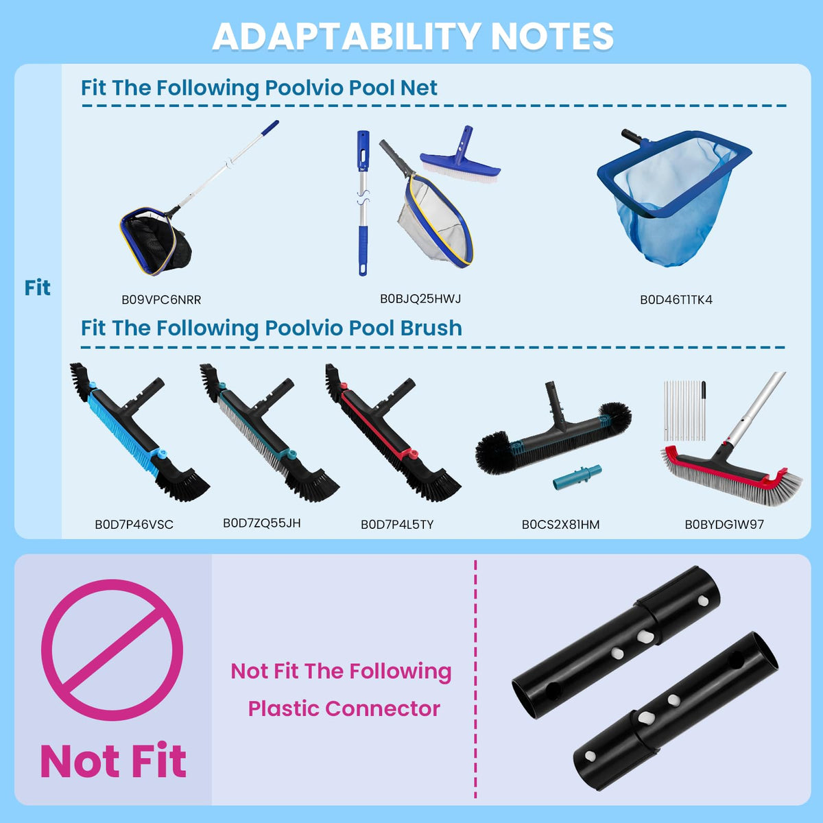 Poolvio compatibility note indicating nets and brush heads fit the system