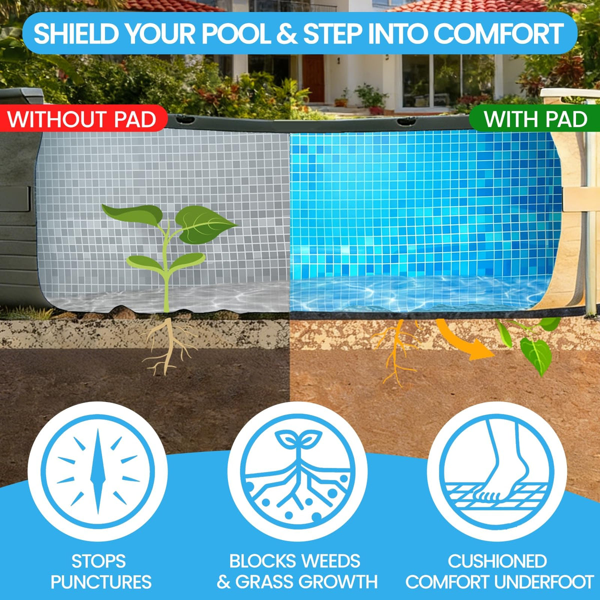 Poolvio puncture protection pad guards against sharp objects near the liner