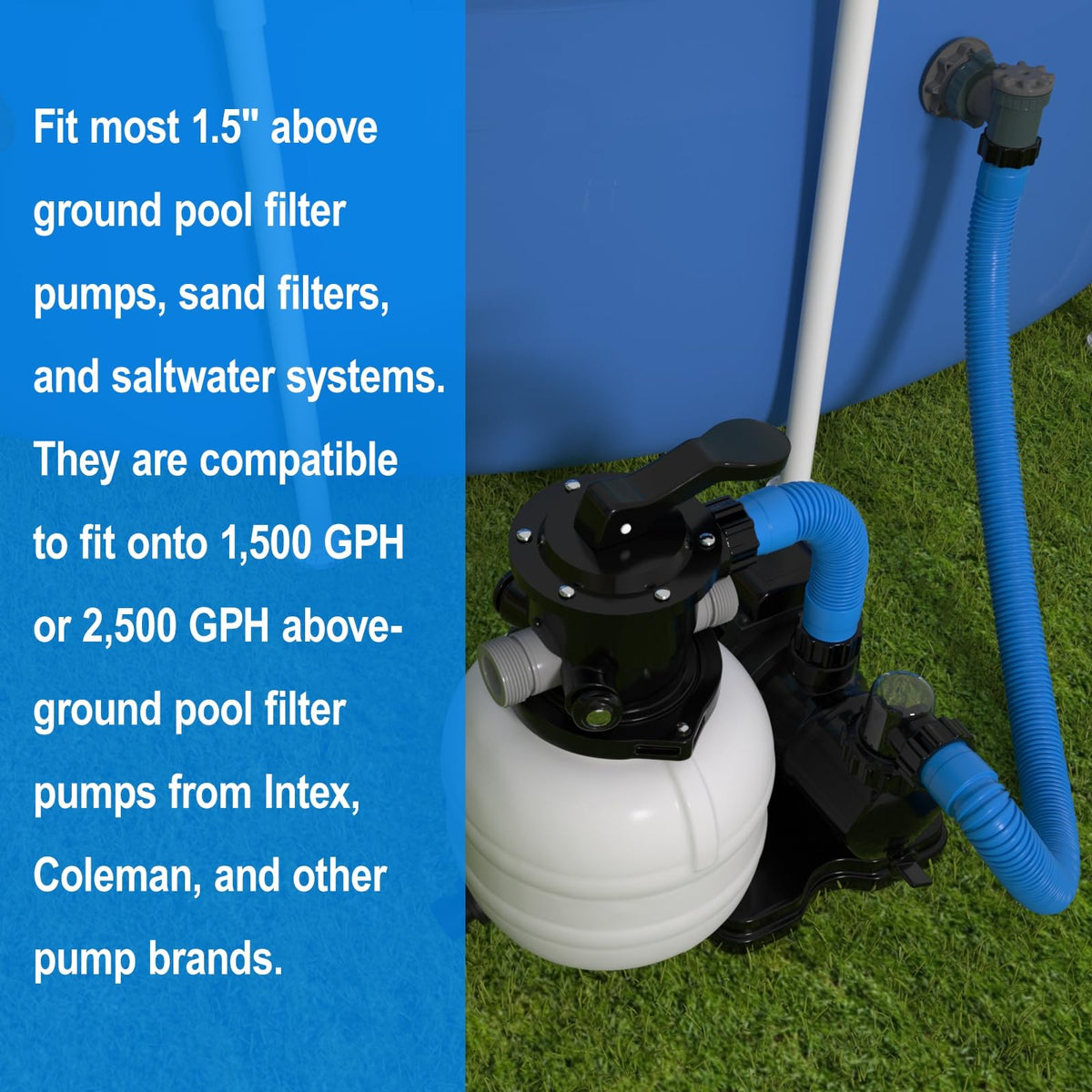 POOLWHALE above-ground filter hose in blue for reliable pumps.