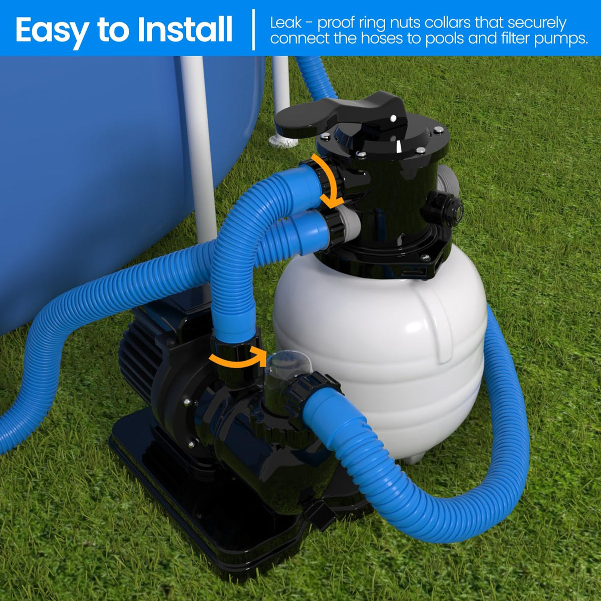 PoolWHALE blue hose end connection being attached to a pump
