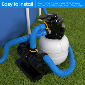 PoolWHALE blue hose end connection being attached to a pump