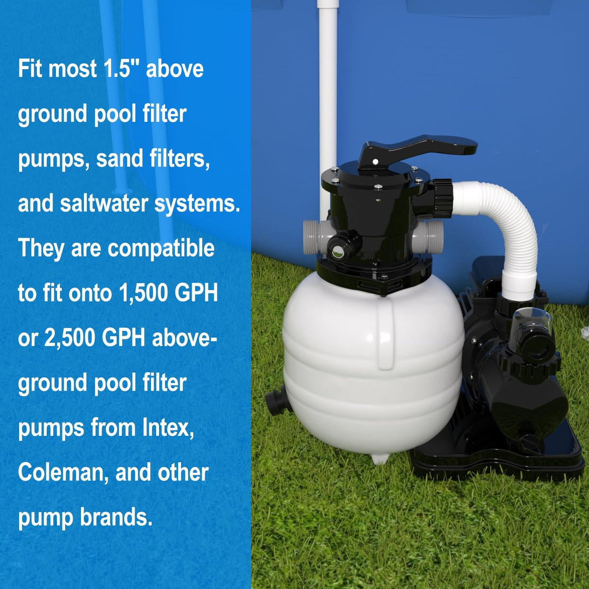 PoolWHALE hose fitting attached to Intex pump for compatibility demonstration